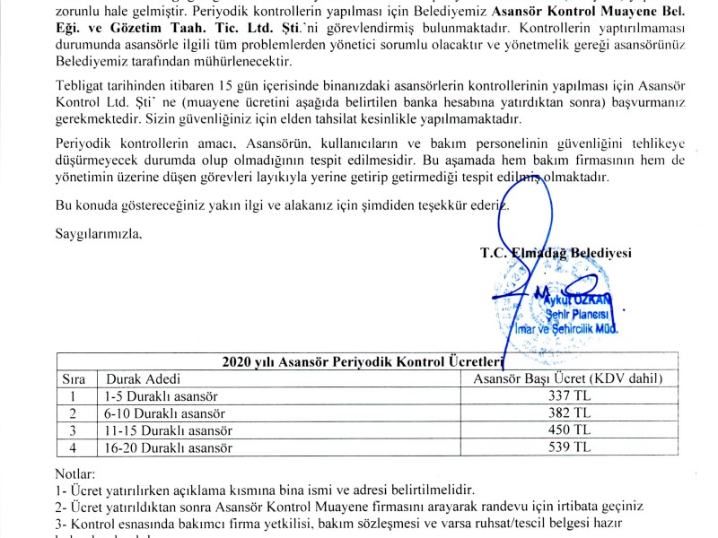 2020 YILI ASANSÖR PERİYODİK KONTROL ÜCRETLERİ